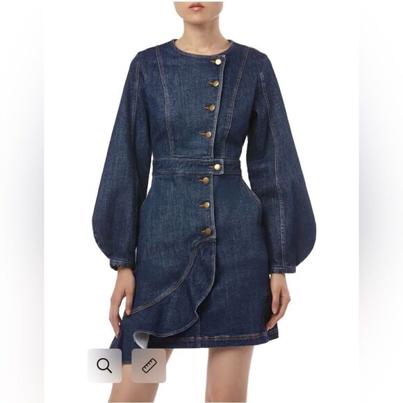 AMUR Dresses & Skirts - AMUR Sammy Denim Dress Size 6 Puff Sleeve Button Front Ruffle